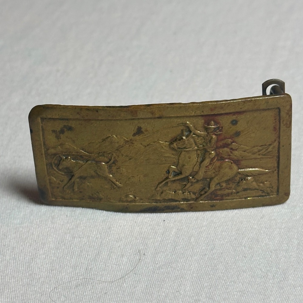 Vtg Brass Western Cowboy Horseback Roping Calf Belt Buckle Rectangular Patina - Picture 2 of 5